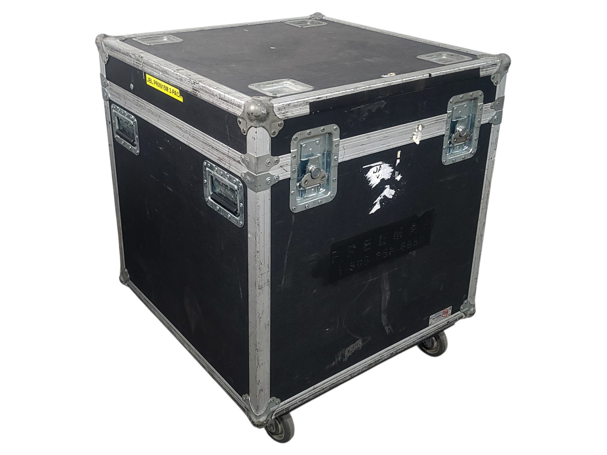 (2) JBL PRX615M 15-inch Two-Way Self-Powered Speakers in Wheeled Road Case