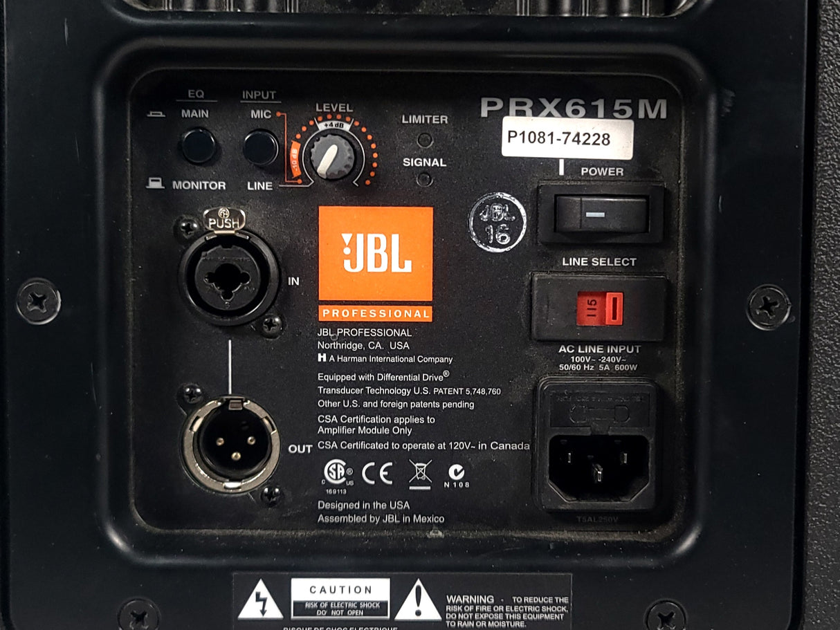 (2) JBL PRX615M 15-inch Two-Way Self-Powered Speakers in Wheeled Road Case