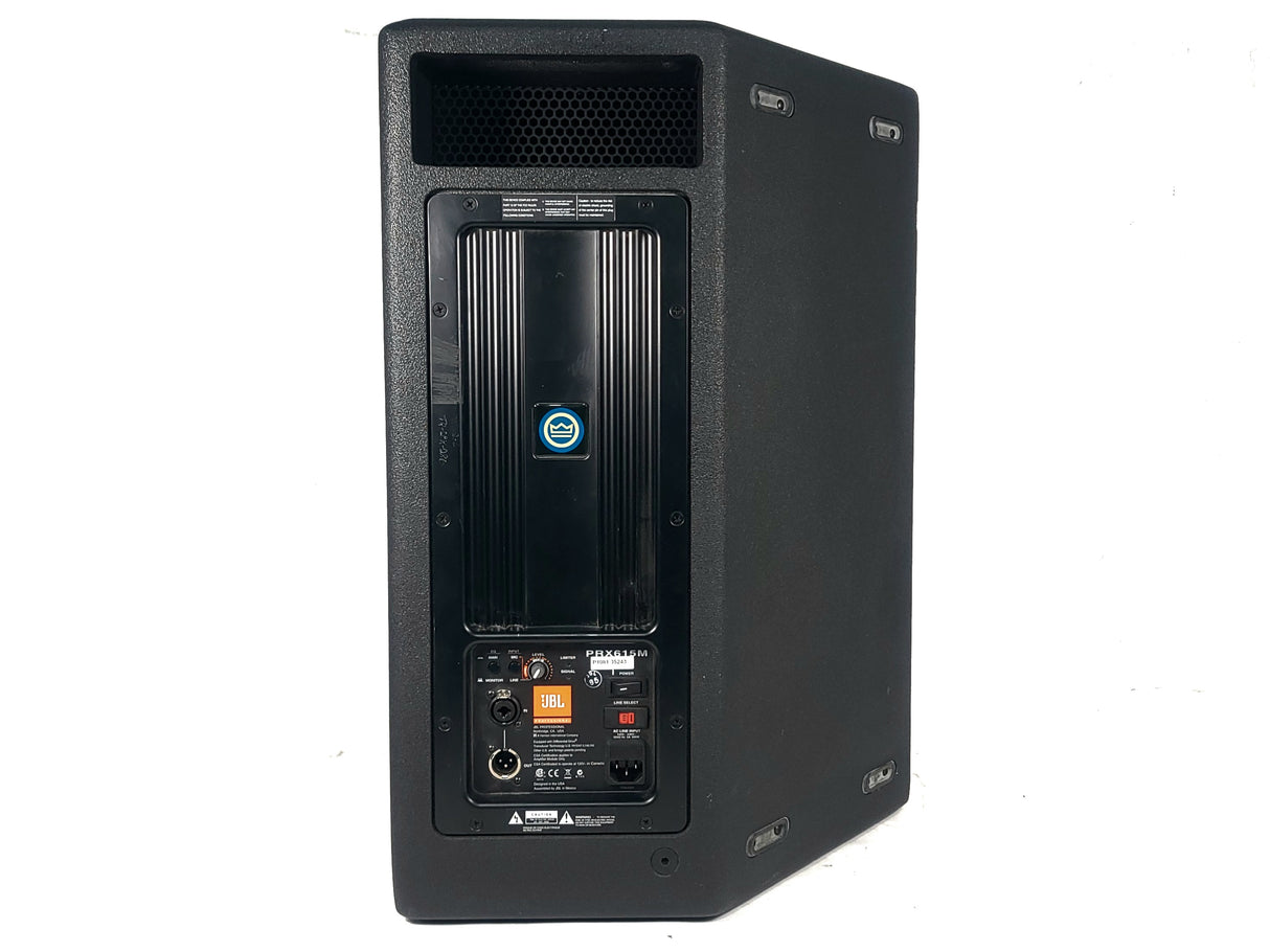 (2) JBL PRX615M 15-inch Two-Way Self-Powered Speakers in Wheeled Road Case
