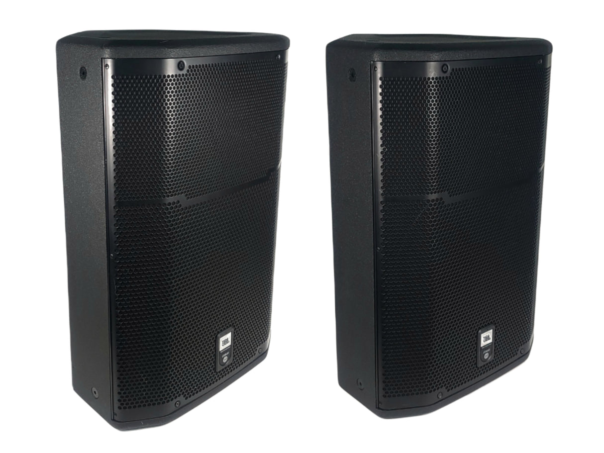 (2) JBL PRX615M 15-inch Two-Way Self-Powered Speakers in Wheeled Road Case