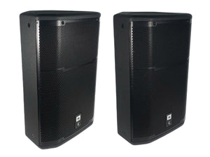 (2) JBL PRX615M 15-inch Two-Way Self-Powered Speakers in Wheeled Road Case