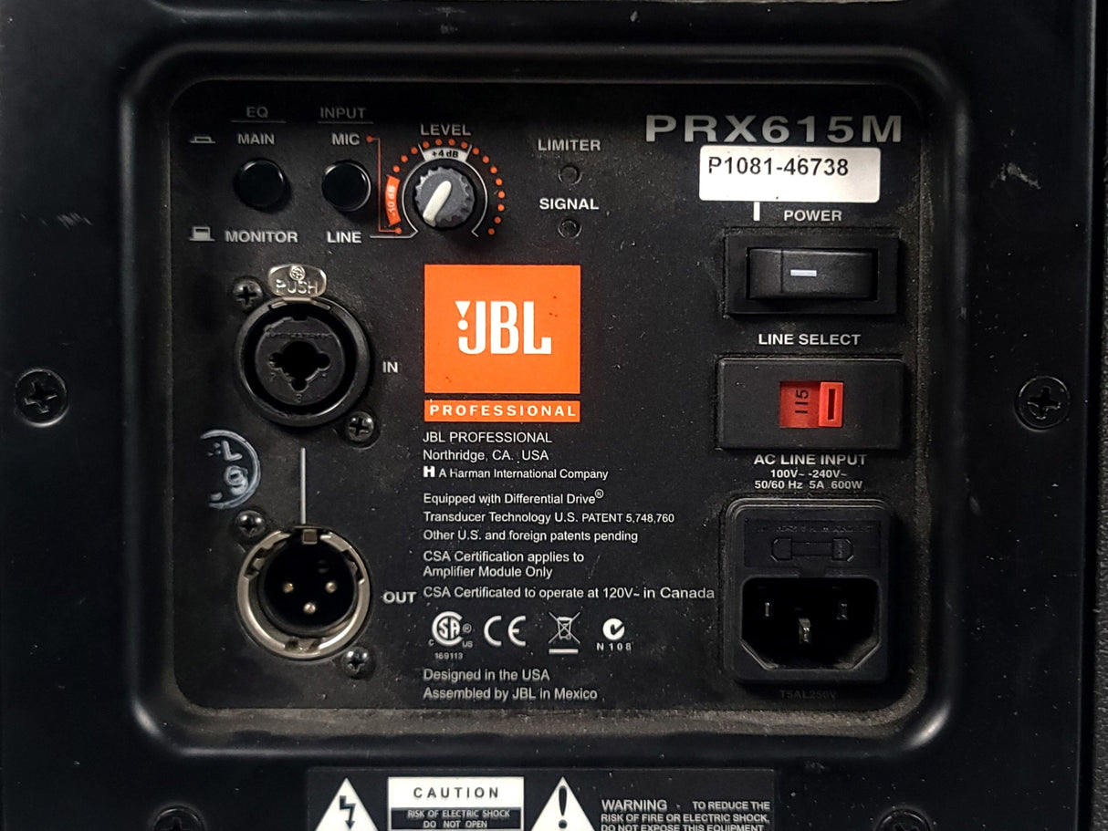 (2) JBL PRX615M 15-inch Two-Way Self-Powered Speakers in Wheeled Road Case