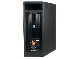 (2) JBL PRX615M 15-inch Two-Way Self-Powered Speakers in Wheeled Road Case