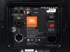 (2) JBL PRX615M 15-inch Two-Way Self-Powered Speakers in Wheeled Road Case