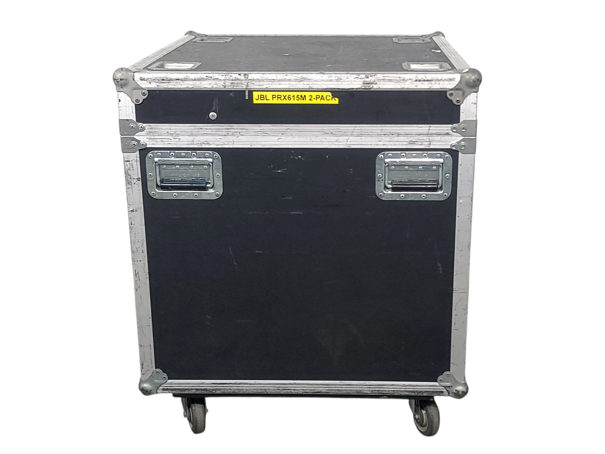 (2) JBL PRX615M 15-inch Two-Way Self-Powered Speakers in Wheeled Road Case