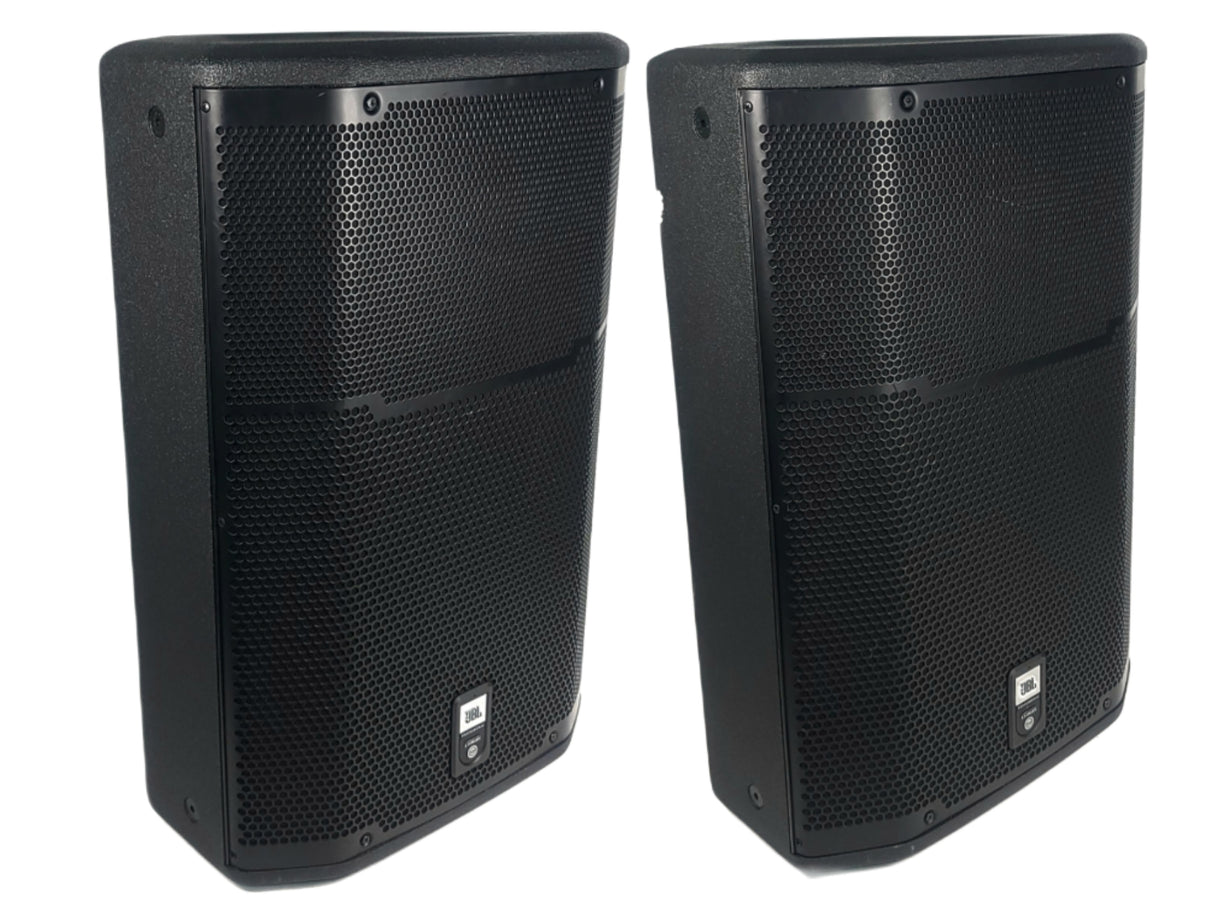 (2) JBL PRX615M 15-inch Two-Way Self-Powered Speakers in Wheeled Road Case