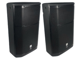 (2) JBL PRX615M 15-inch Two-Way Self-Powered Speakers in Wheeled Road Case