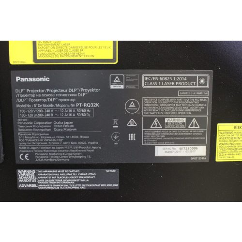 Panasonic PT-RQ32K 4K+ 3-Chip DLP™ Projector (Op. Hours: 12,712) LABEL1