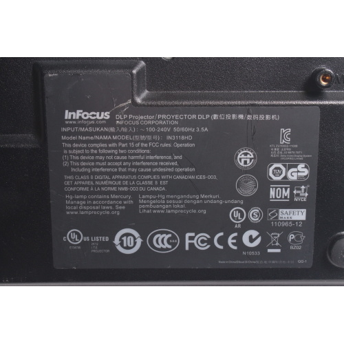 InFocus IN3118HD DLP 1080p Projector - 137 Lamp Hrs label