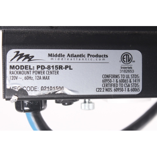 Middle Atlantic PD-815R-PL 15A 8-Outlet Rackmount Power Strip label