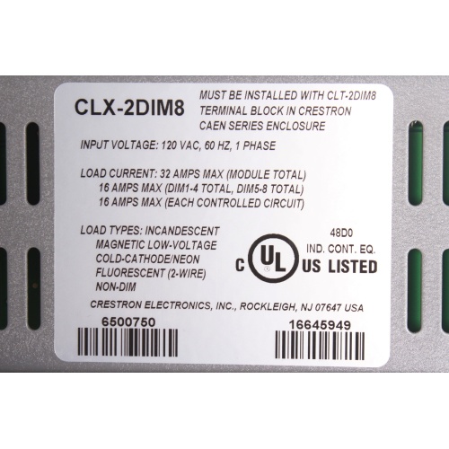 Crestron CLX-2DIM8 8 Channel Dimmer Module, 2 Feeds, 120V label