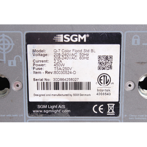 SGM Lighting Q-7 RGBW LED Color Flood Blind Strobe Light w/ Mounting Hardware label