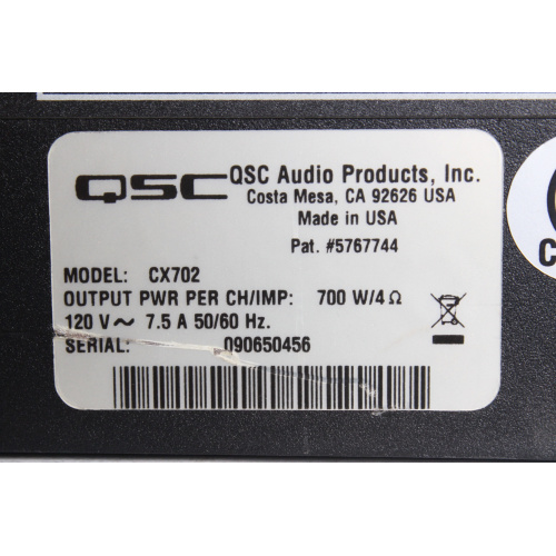 QSC CX702 2-channel 700W Power Amplifier label