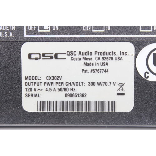 QSC CX302V 2-Channel 300W Direct Output Power Amplifier label