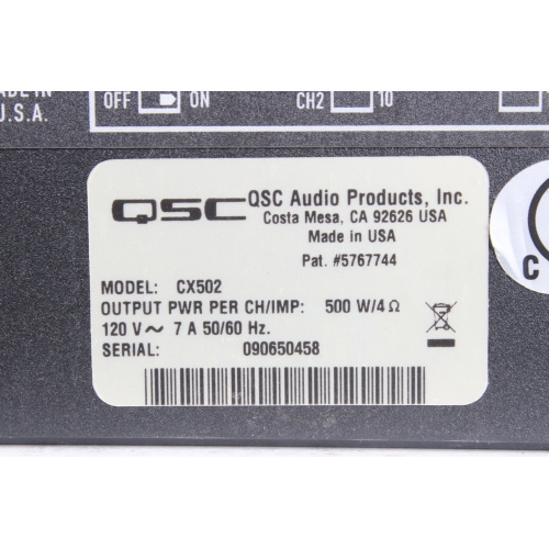 QSC CX502 2-channel 500W Power Amplifier label