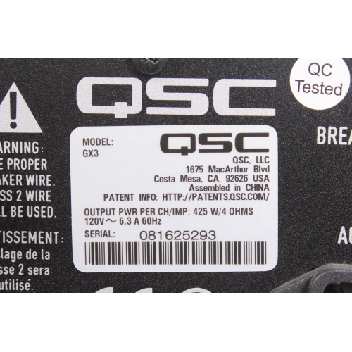 QSC GX3 Two-Channel Stereo Power Amplifier - 425W Per Channel label