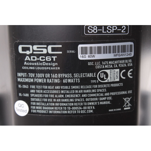 QSC AD-C6T 6.5" Two-Way Ceiling Speaker label