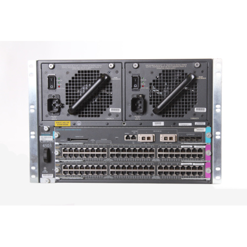 Cisco Catalyst 4503 Network Switch Chassis w/ (2) WS-X4548-GB-RJ45V 48-Port Gigabit Switching Modules and (1) WS-X4013+10GE Supervisor Engine II Plus Module back