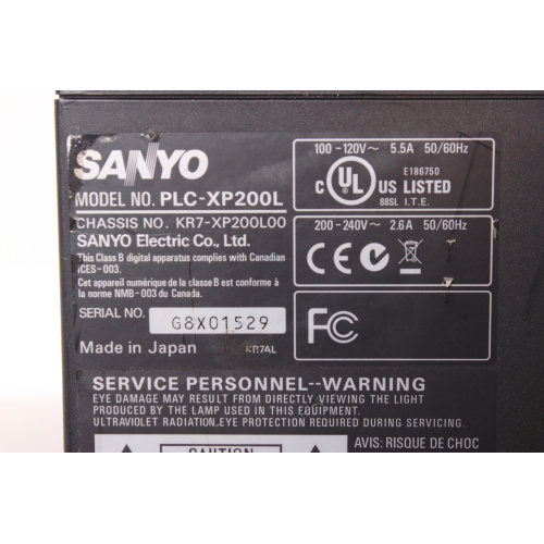 Sanyo PLC-XP200L PROxtraX Multiverse Projector (Includes Wheeled Hard Case) Lamp Hours: 150hrs - 500hrs label