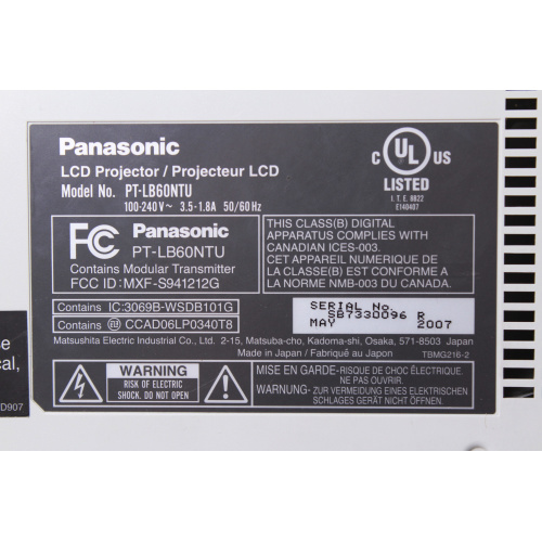 Panasonic PT-LB60NTU 3200 Lumens 3LCD Projector label