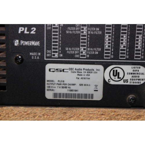 QSC PL218 PowerLight 2-Channel 900W Power Amplifier label