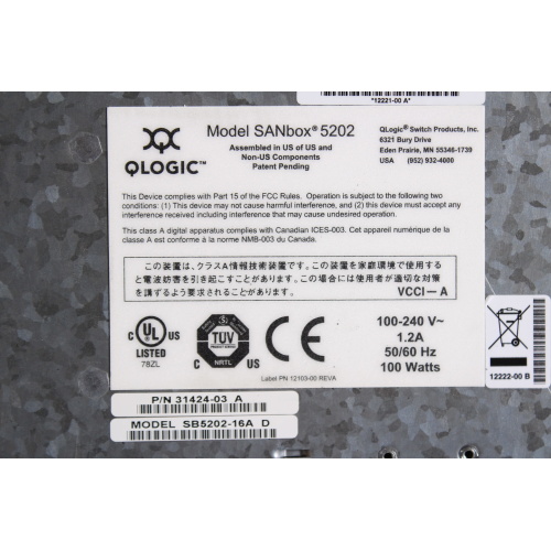 Qlogic SANbox 5202 16-Port Full Fabric 2GB Switch w/ Transceivers (Stuck In Front of Unit) label