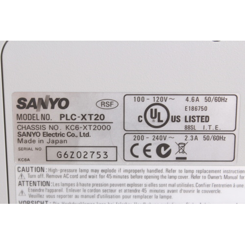 Sanyo PLC-XT20 projector 3800 ANSI lumens w/XGA resolution (430 W / 100V - 240V) w/ Standard Lens Includes Chief Ceiling Mount - (Lamp Hours: 2794/Lamp NEEDS replacement) label